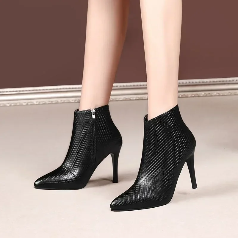Leather   High Heels Autumn Winter Side Zipper Women's Boots Pumps Party Office Lady Shoes Woman
