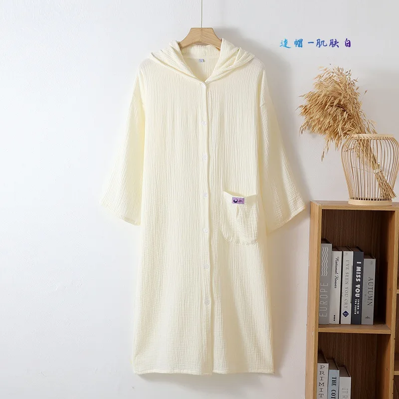 Cotton Double Layered Loose Cardigan Button Up Hooded Long Sleeved Bathrobe Nightgown with Pocket Couples Home Pajamas Clothes