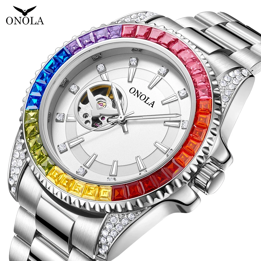 

Luxury Automatic Watch For Mens Top Brand ONOLA Fashion Rainbow Diamond Watches Business Stainless Steel Mechanical WristWatches