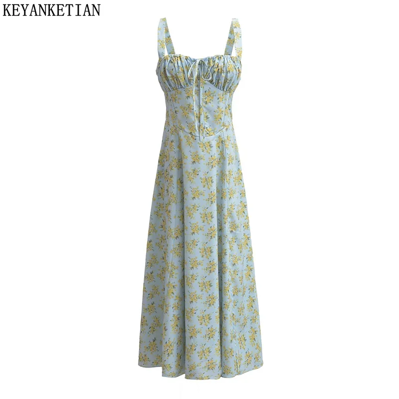 

KEYANKETIAN 2024 New Launch Pastoral style Flower Print Slim MIDI Dress Summer Bandage Bow Slash neck Women's A-line Slip Dress