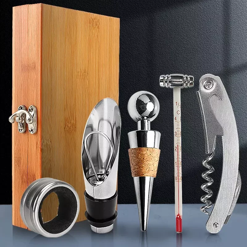 5pcs Bar Tools Wine Bottle Corkscrew Opener in Pourer Wooden Box 5 Pieces Kit Wine Accessories Gift Set with Bamboo