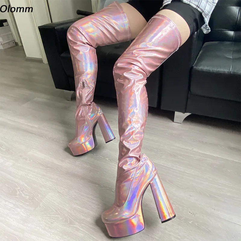 

Olomm Cosplay Women Spring Platform Thigh Boots Side Zipper Chunky Heels Round Toe Pretty Colorful Club Shoes Plus US Size 5-15