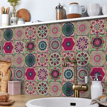 24pcs Moroccan Style Wall Stickers Waterproof Wall Paper Living Room Bathroom Kitchen Decorative Art Retro Mandala Tile Stickers 1