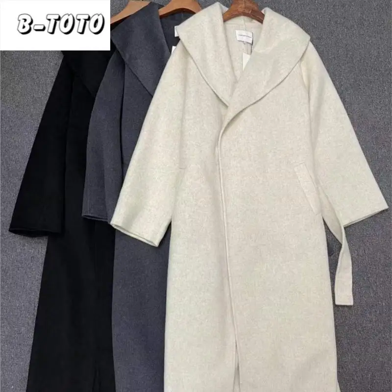 

Женское двустороннее шерстяное пальто, повседневное твидовое пальто с завязками, длинное пальто, весна-осень 2024