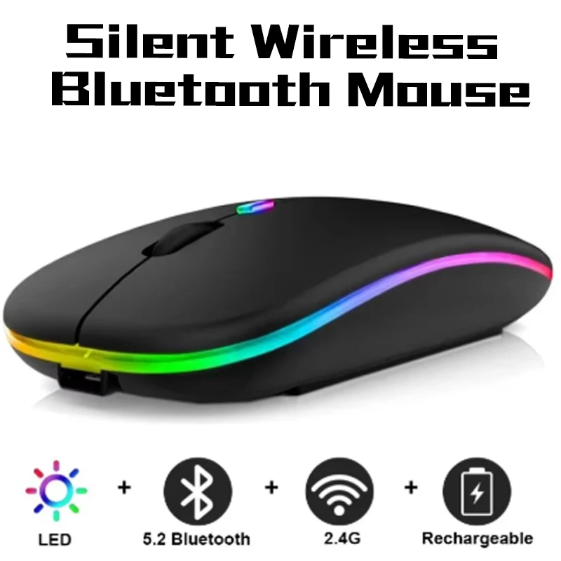 무선 블루투스 마우스 2.4GHz 듀얼 모드 RGB 충전식 마우스 PC iPad 노트북 PC 컴퓨터용 RGB 인체공학적 무음 클릭 마우스