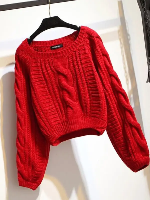 OMCHION Sueter Mujer 2024 Knitted Korean Style Knitwear  Big Red Twist Sweater Women Sweater Thicken Ugly women pullover					