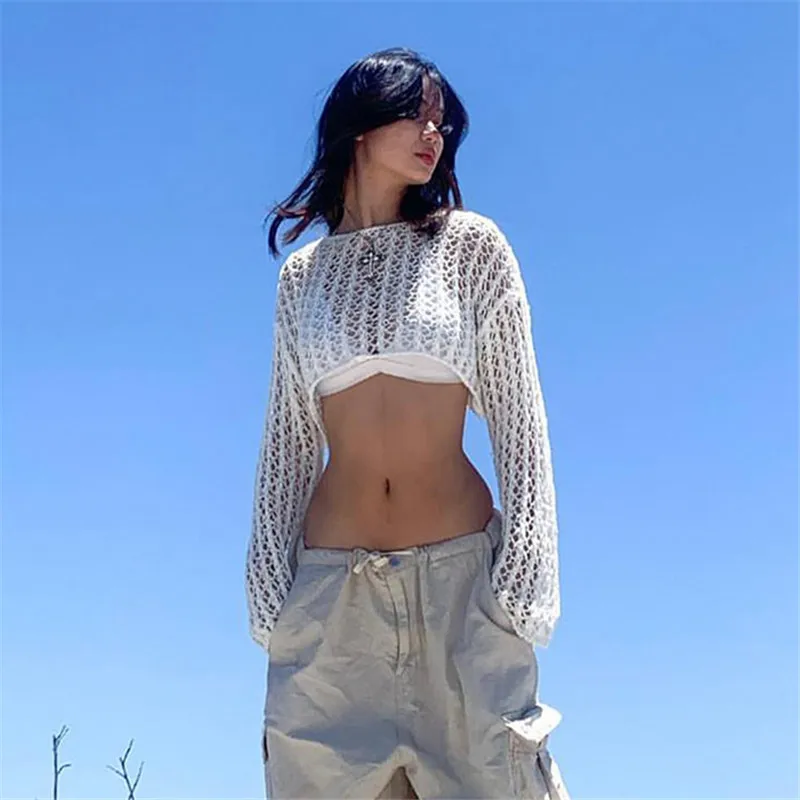 

New Womens Long Sleeve Knitted Tops Fashion Solid Color Round Neck Exposed Navel Hollow Knitwear Casual Cargo Pants Streetwear
