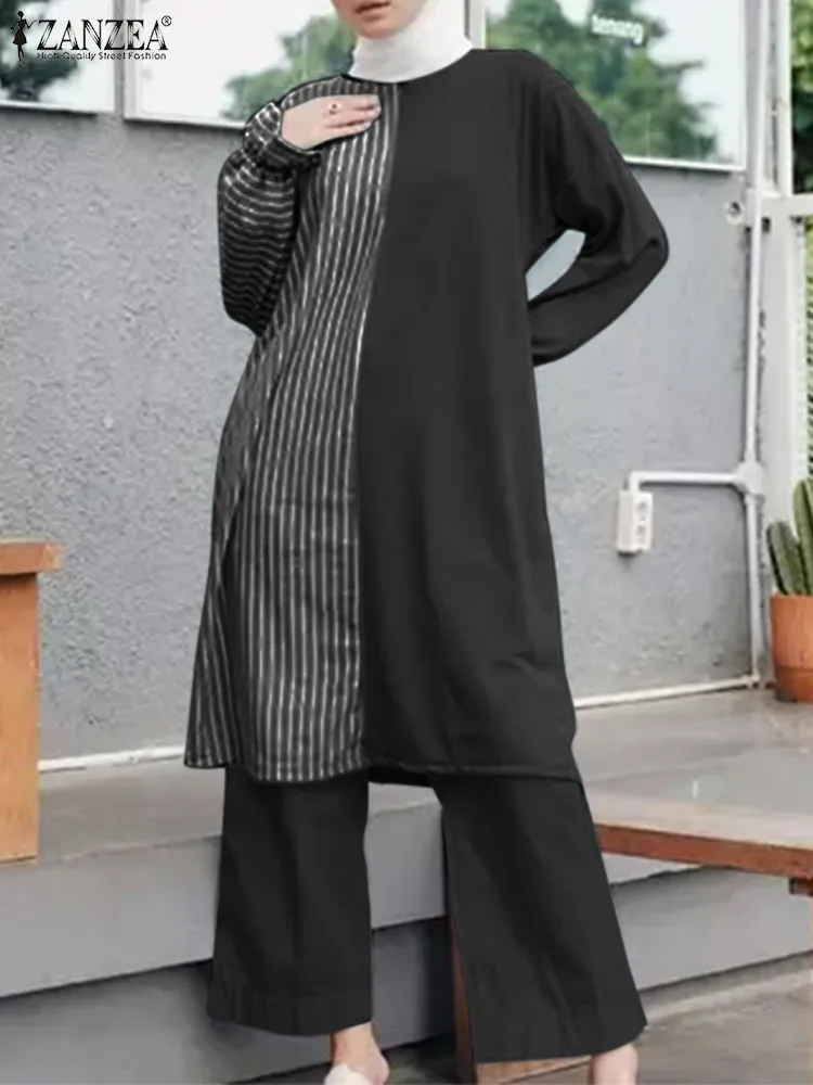 

ZANZEA 2PCS Fashion Casual Dubai Turkey Muslim Sets Women Striped Trousers Suits Long Sleeve Patchwork Blouse Pant Sets 2023