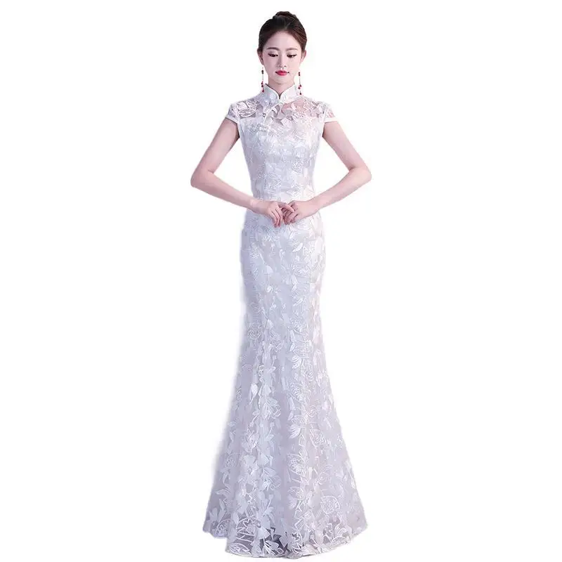 화이트 여성 우아한 만다린 칼라 신부 웨딩 드레스, 섹시 슬림 레이스, 참신한 치파오, 절묘한 인어 트림, 롱 치파오