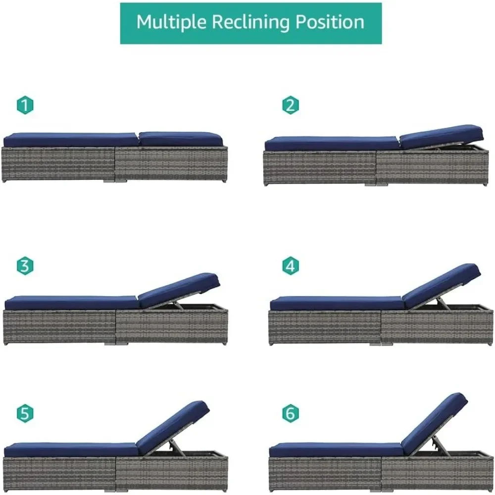 Outdoor Chaise Lounge Chair, Pool Rattan Chaise Lounge Chair with Navy Blue Cushion, Grey PE Wicker, Steel Frame, Set of 2 3