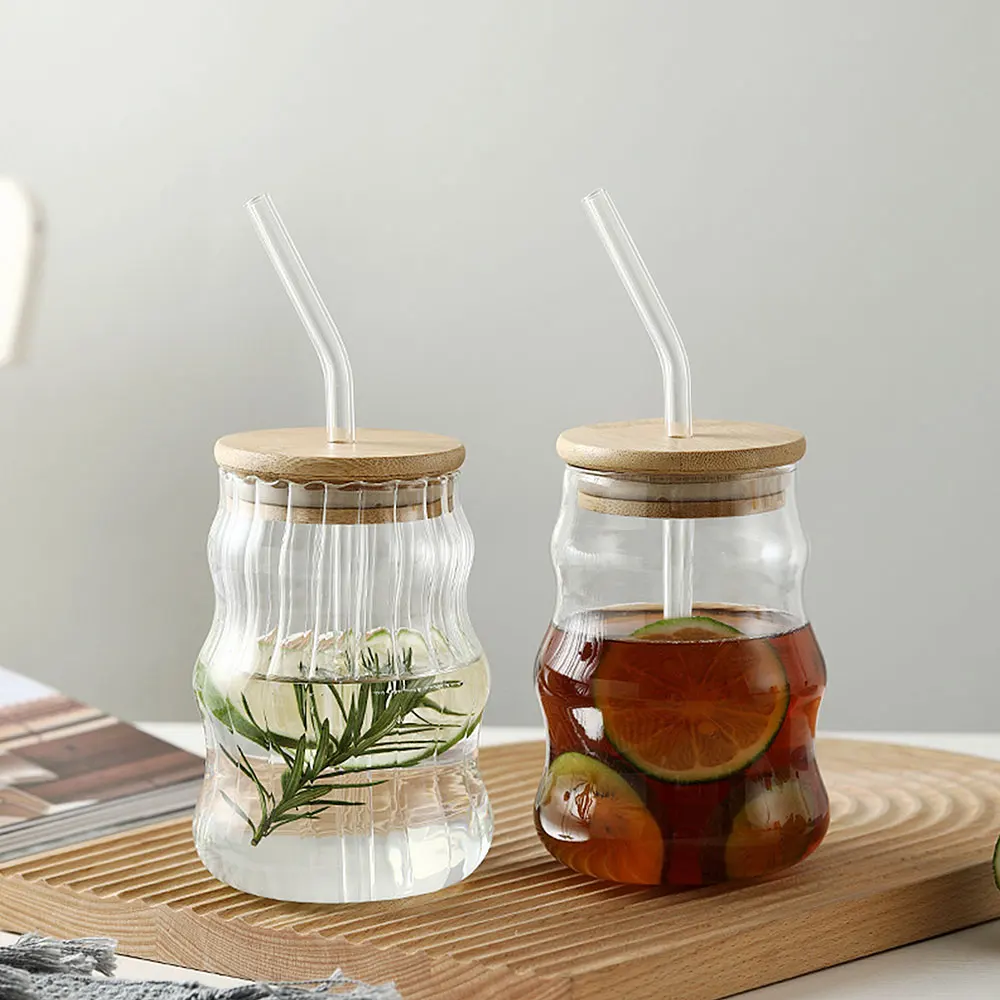 500ML Glass Cups With Lid and Straw Mason Jar Clear Juice Milk Cup