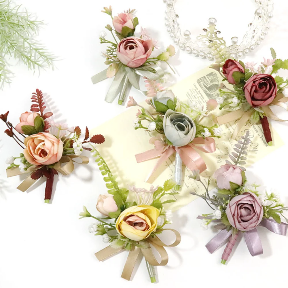 

Colorful Flowers Wedding Boutonniere for Men Silk Rose Pins Bridal Bracelet Groom Wrist Corsage Flower Girl bruiloft accessoires