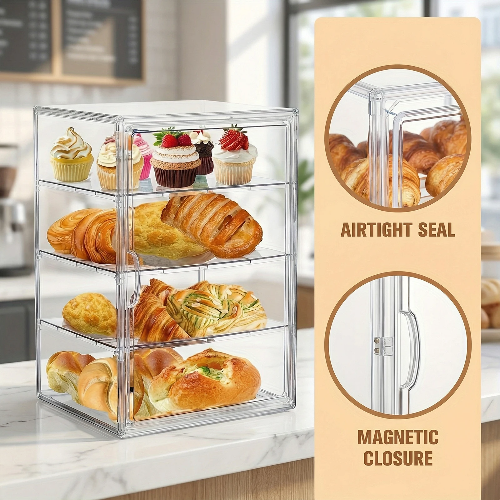 4-Layer Clear Plastic Bread Box with Lid Bakery Pastry Display Case Reusable Countertop Showcase Stand for Cookie Birthday Chips