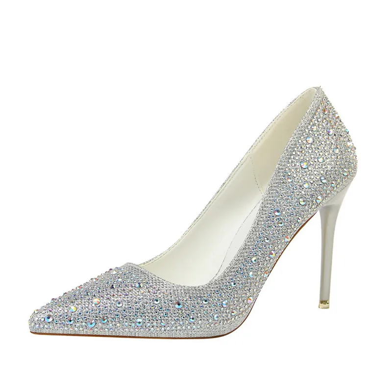 Women Shoes Pointed Toe Pumps Shallow mouth Pointed Rhinestone Colorful diamond 10CM thin High Heels Boat Wedding Dress Office