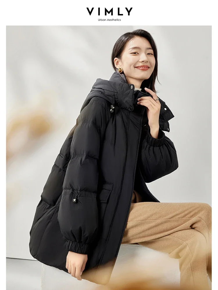 Vimly Black Hooded Zipeer Duck Down Coat 2023 Winter Lightweight Warm Thick Stand Collar Long Sleeve Women Jacket Clothing 50629