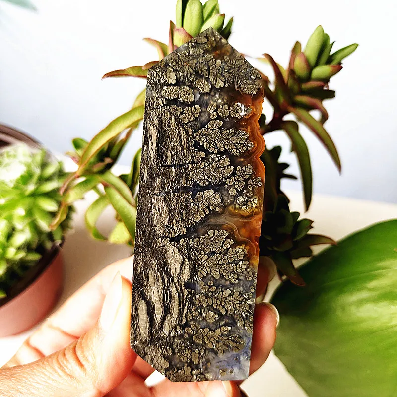 Natural Agate Crystal Tower Stone Wand Point  Room Decoration Agate and Pyrite Mineral Symbiont Ornaments Reiki Healing Crystals 2
