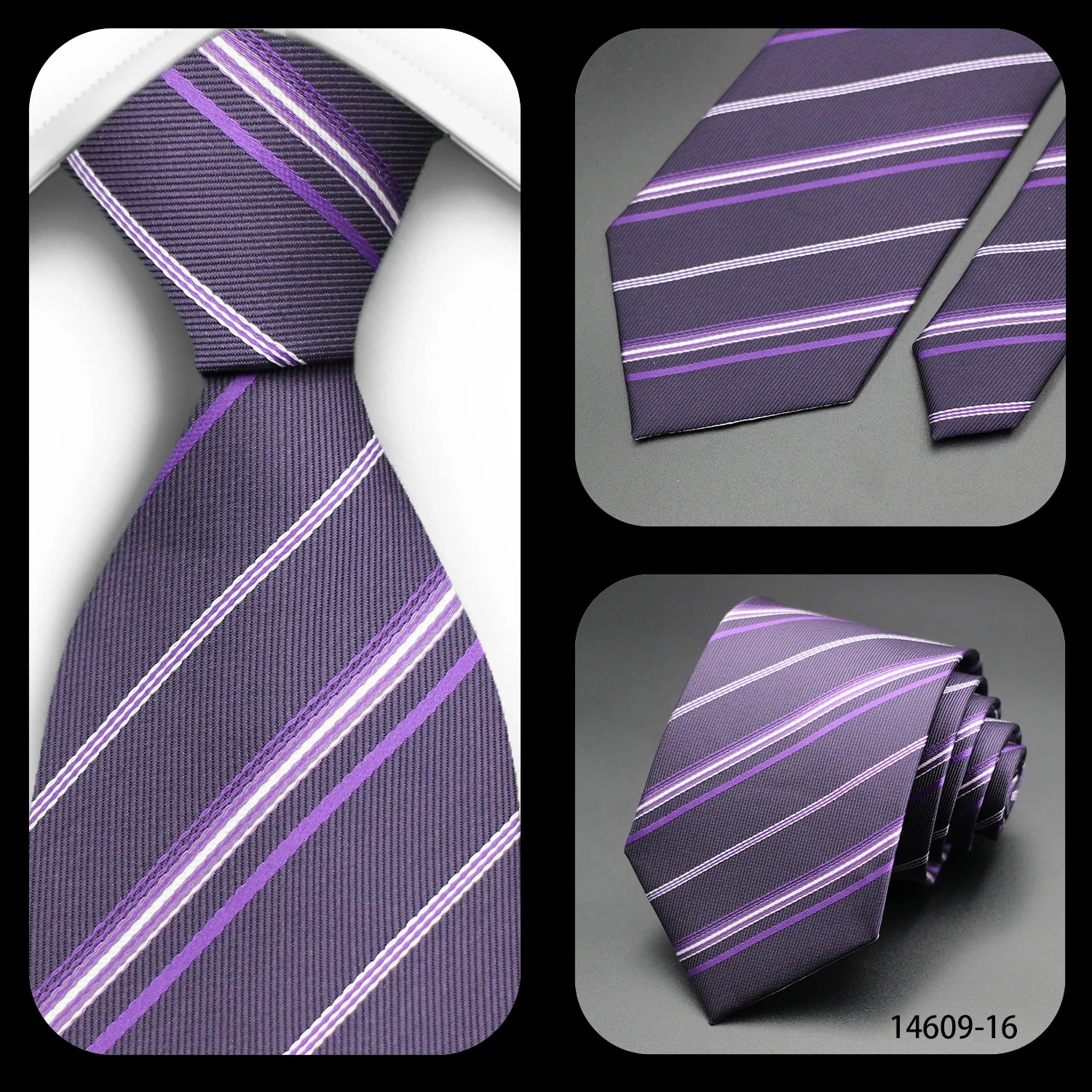 Luxuriöse 7CM Herrenkrawatte in Lila mit Streifen, Punkten und Blumenmuster für Männer, Bräutigam, Jacquard-gewebte Krawatte für Business, Hochzeit, Party. – Detail 3