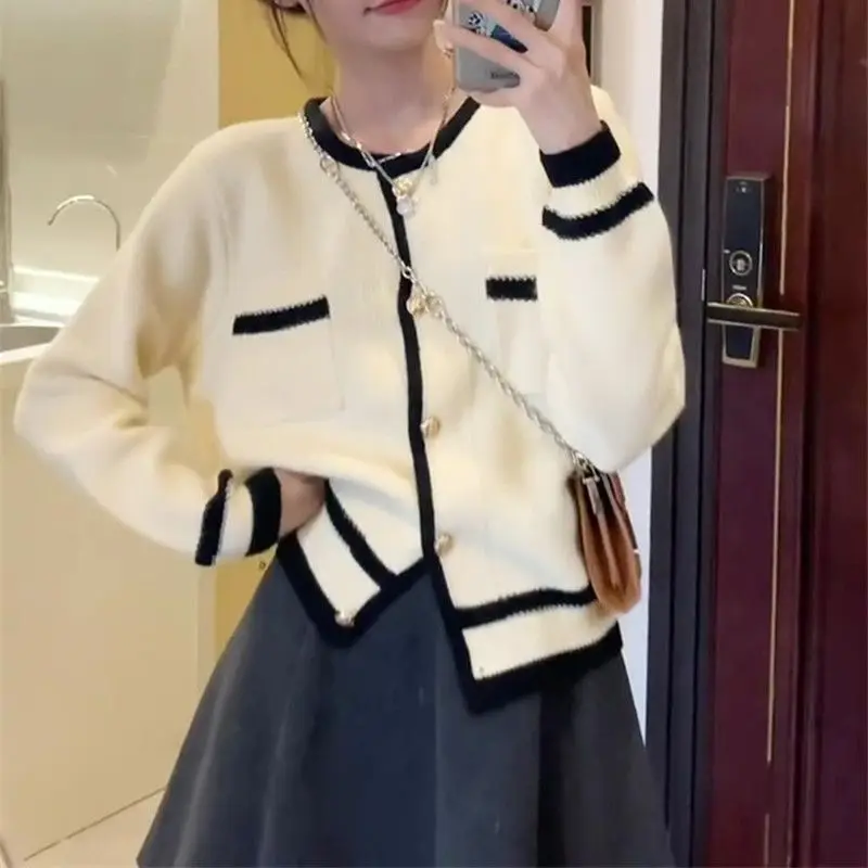 

Women Korean Style Contrast Color Chic Sweet Button Knitted Cardigan 2024 Spring Autumn Casual O Neck Long Sleeve Sweater Coats