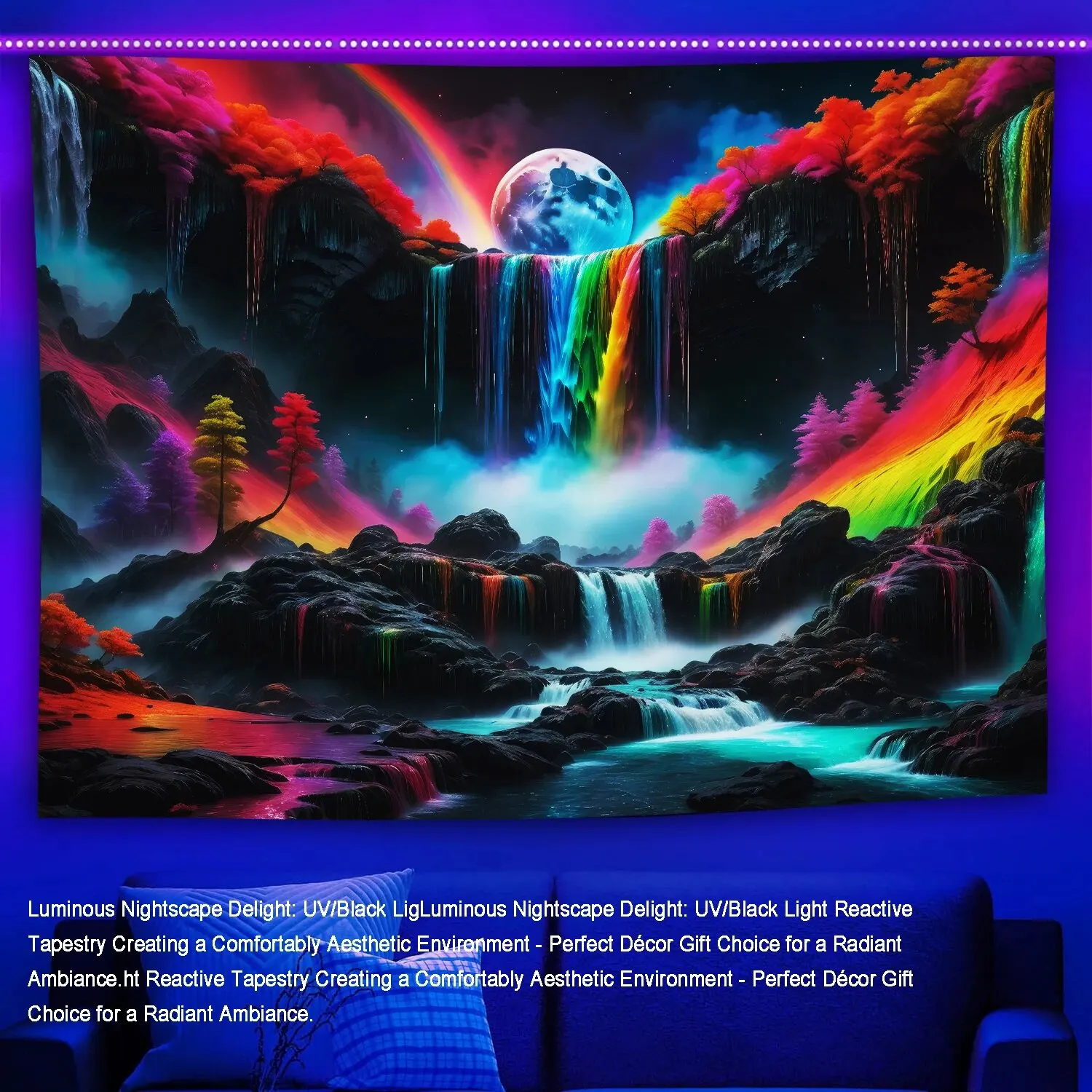BlacklightMountainWaterfallwithRainbowTapestryBackgdropNeonArt