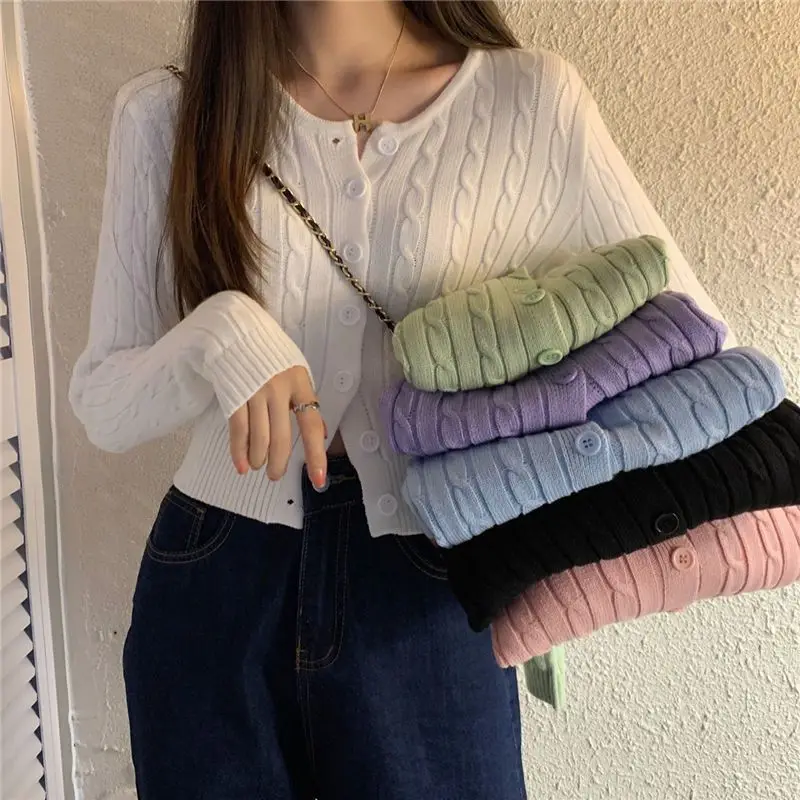 Elegante Mode Harajuku Slim Fit weibliche Kleidung locker lässig alle passen Strickwaren o Hals Knopf Strickjacke Langarm pullover – Detail 6