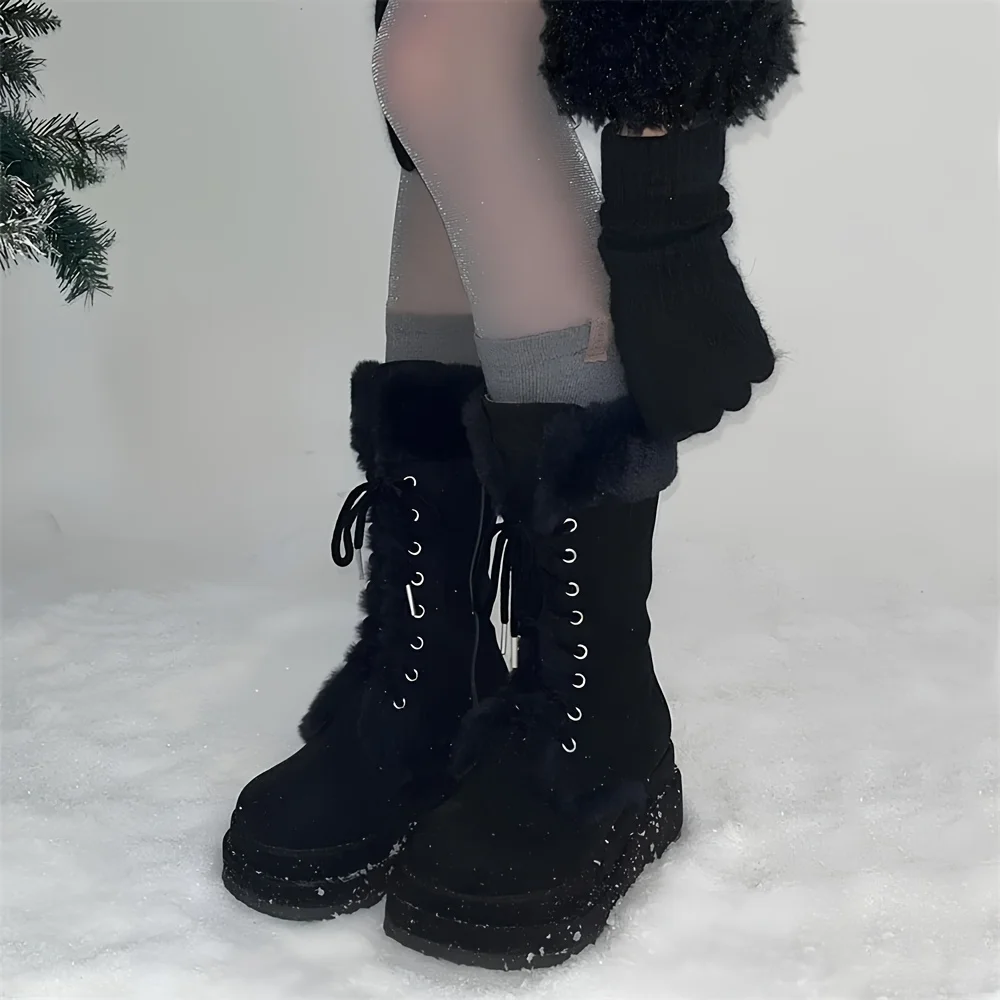 Winter Warm Fur Mid Calf Snow Boots Fashion Platform Wedges High Heels Side Zipper Lace-up Boots for Women 1