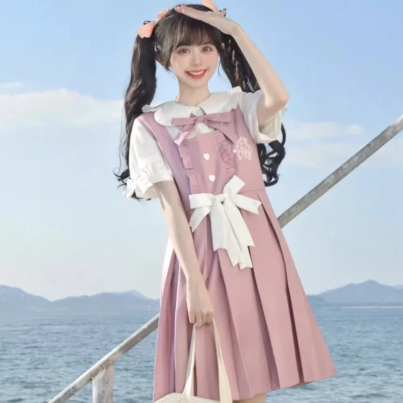 2024 New Japanese Lolita White Short-Sleeved Shirt Dress Suit JK Cute Preppy Style Pink Black Cartoon Two-Piece Sets For Women