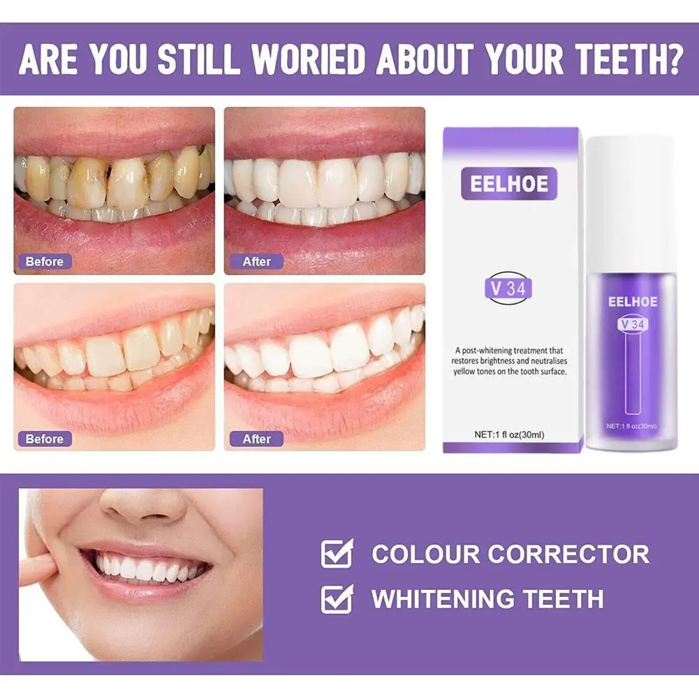 Teeth Whitening Essence Teeth Whitening Product Purple Teeth Whitening Toothpaste Plaque Stains Remover Oral Hygiene Cleaning Teeth Bleaching Oral Fresh Breath