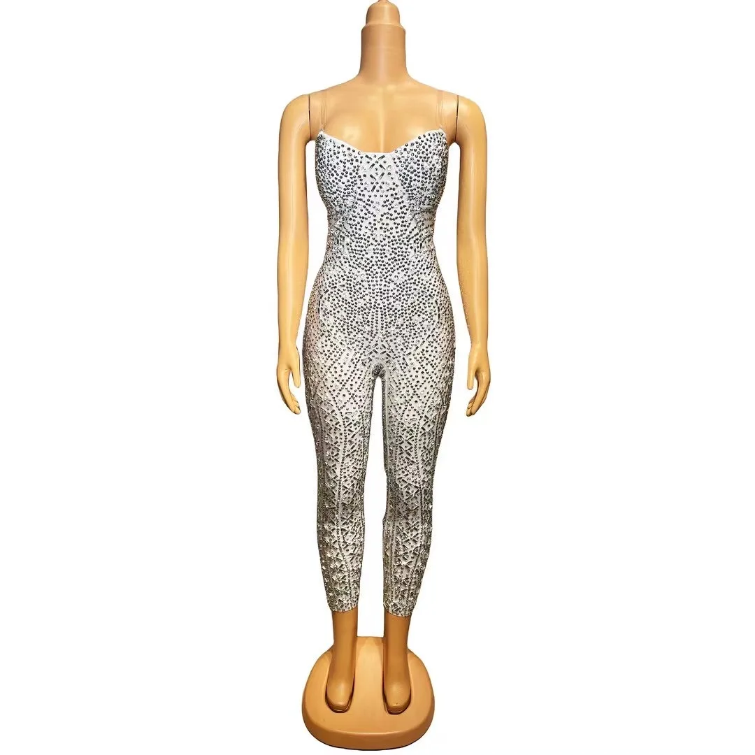 

Full Silver Rhinestones Sexy White Leggings Birthday Celebrate Dance Stretch Outfit Evening Singer Performance Costume chilun
