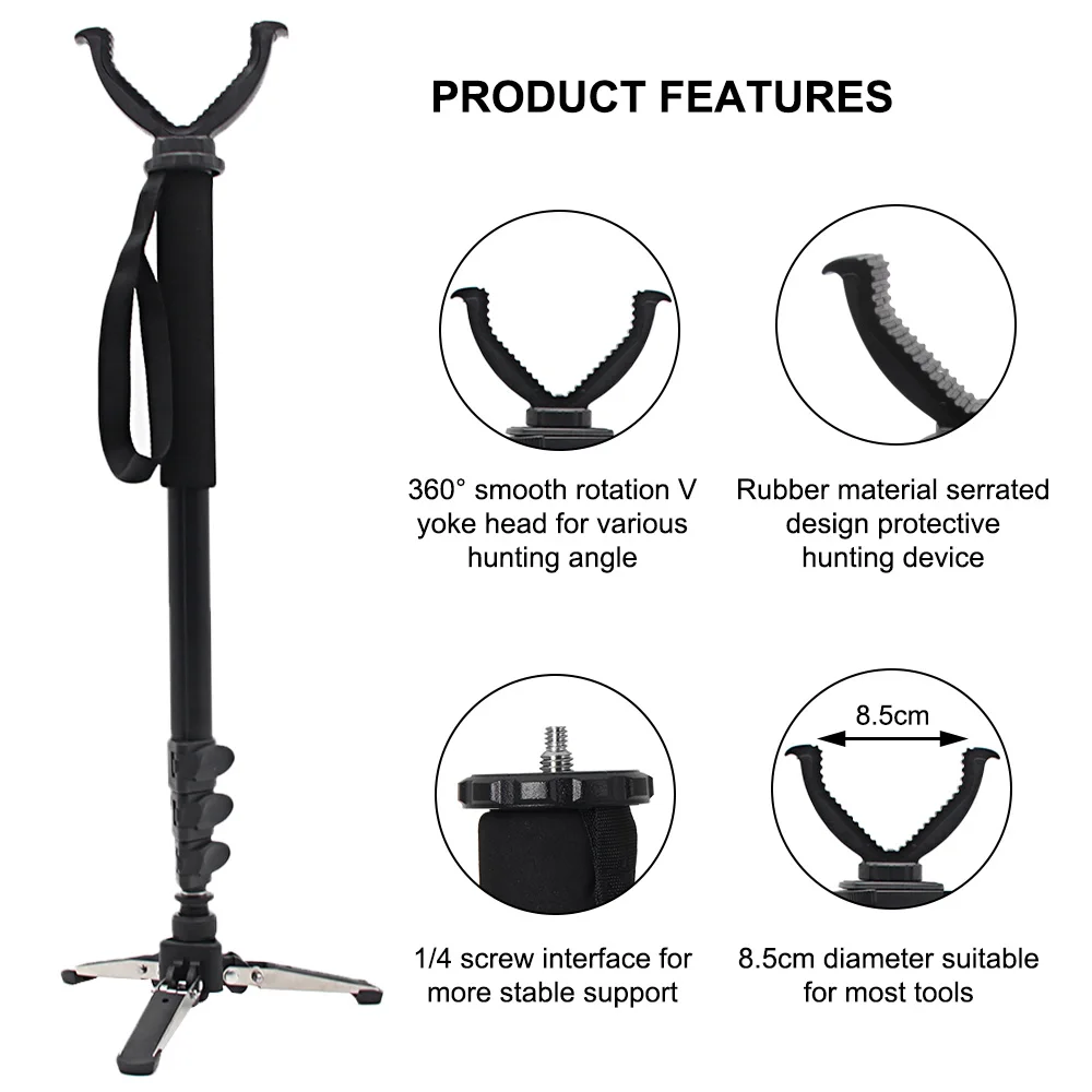 Hunting Accessory 360 Degree Rotation Aluminum Retractable Tripod Shooting Rack Telescopic Hunting Stick with V Yoke Bracke