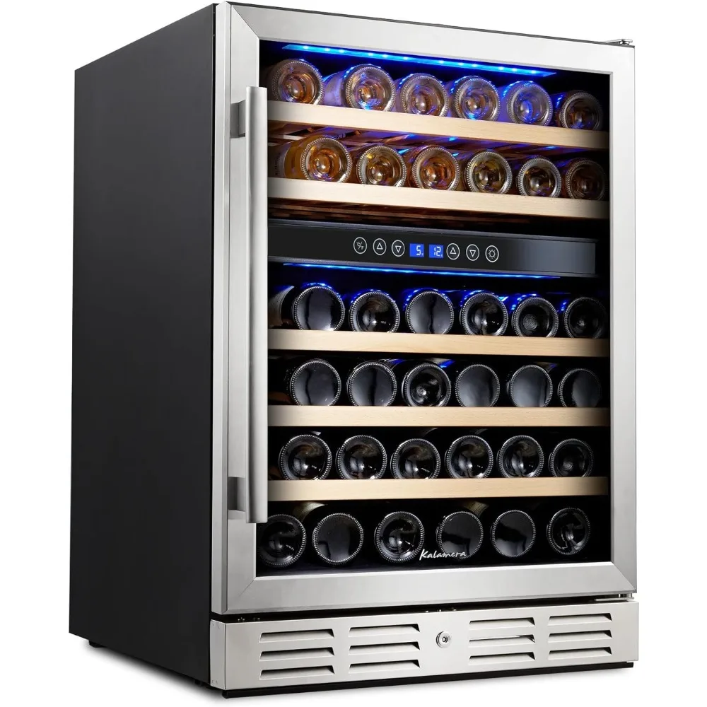 

24 inch Wine Cooler, 46 Bottle - Dual Zone Built-in or Freestanding Fridge with Stainless Steel Reversible Glass Door,