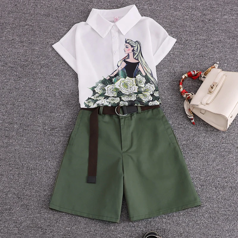

2023 Summer 2 Pieces Suits Girl Print Chiffon Blouse Shirt Women Tops + Shorts Set Women Two Piece Set Tracksuit with Belt