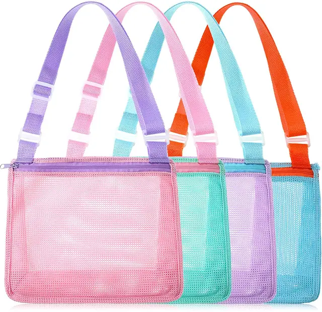 Beach Toy Mesh Bag Kids Shell Collecting Bag Mesh Beach Sand Toy Totes Colorful Mesh Beach Bag Swimming Accessories Storage Bag 2
