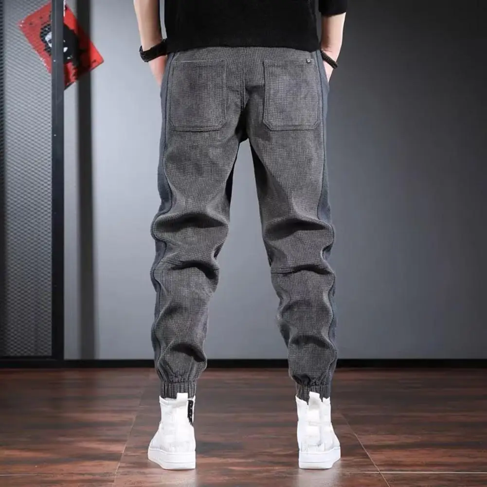 

Elastic Waist Corduroy Trousers Men's Solid Color Cargo Pants with Ankle-banded Design Drawstring for Comfortable for Men