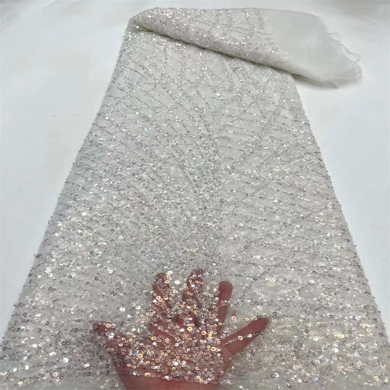 

Sequence Lace Fabric 2022 High Quality Nigerian Embroidery Sequins Lace Fabric 5Yards Beaded For Wedding Dress Sewing xc23-52