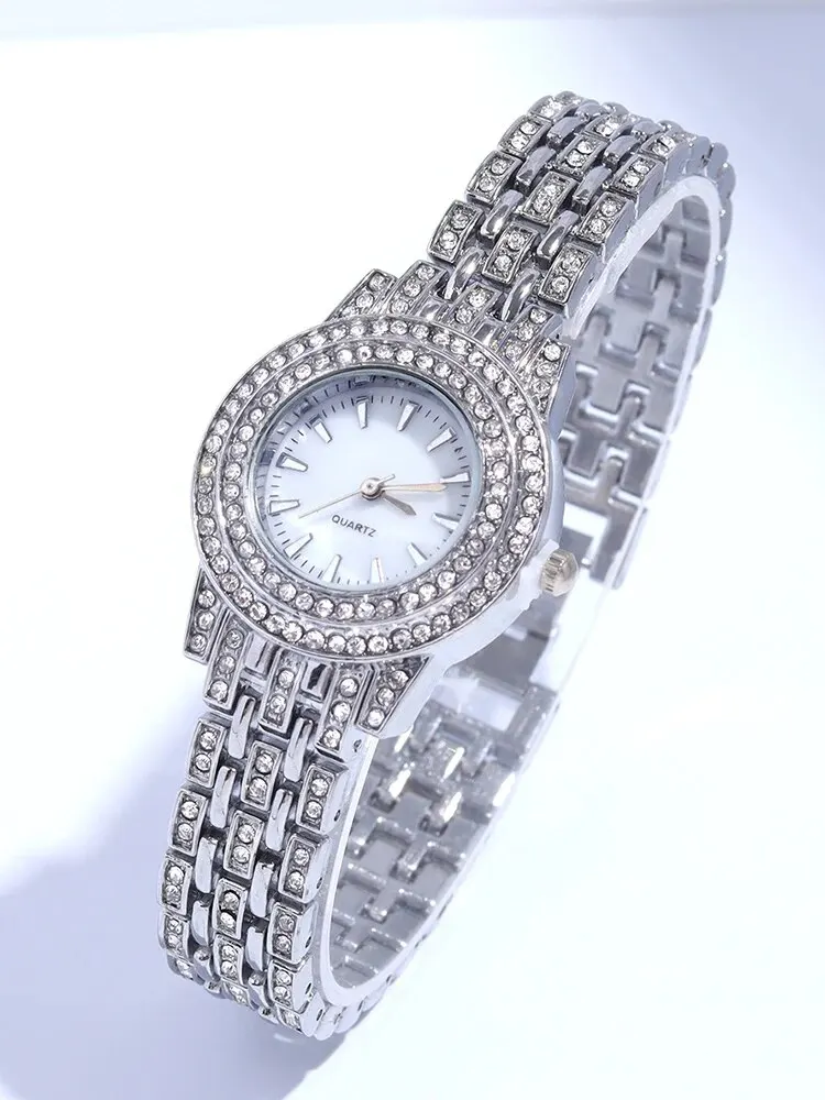 3PCs Women's Sparkling Round Diamond Band Quartz Watch+Bracelet Combination Set 3