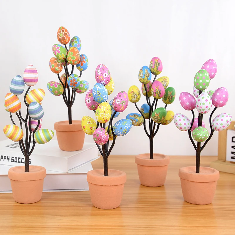 

1pc Cartoon Printed Easter Egg Tree Branch Potted Plant 2024 Home Easter Party Tabletop Decoration Ornament Fake Flower Plants