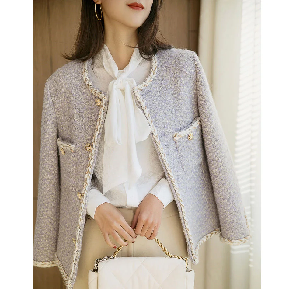 

2023 Autumn Winter New Women's Coat Long Sleeve High-end Purple Tweed Cardigan Jacket Fashionable Free Shipping