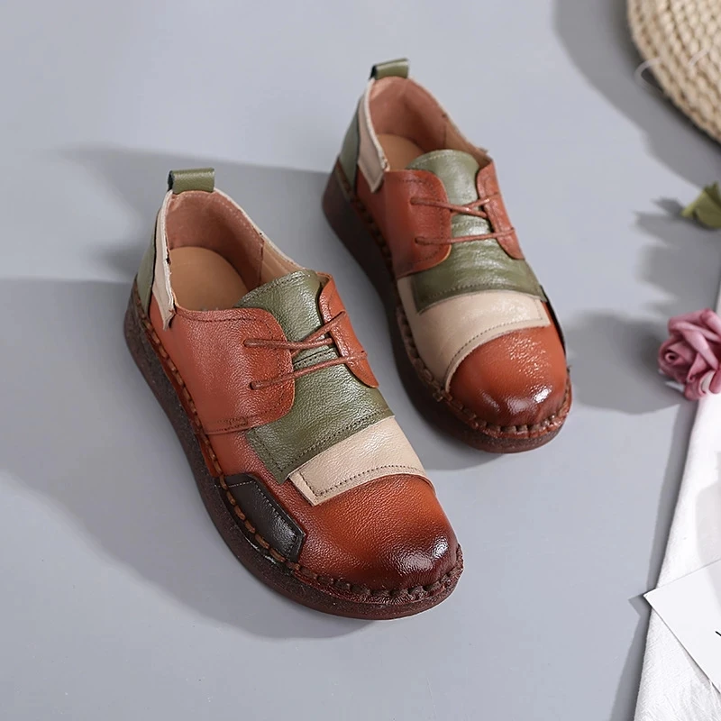 Women Mother Ladies Female Cow Genuine Leather Shoes Flats Loafers Slip On Casual National Style Plaid shoes