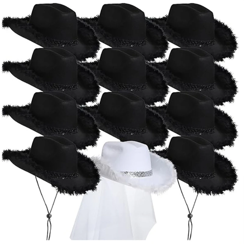 Bachelorettes Party Hat Set for Bridal Shower Women Cowgirl Hat Wedding Accessories Furry Brim Nightclub Headwear cowgirl hats