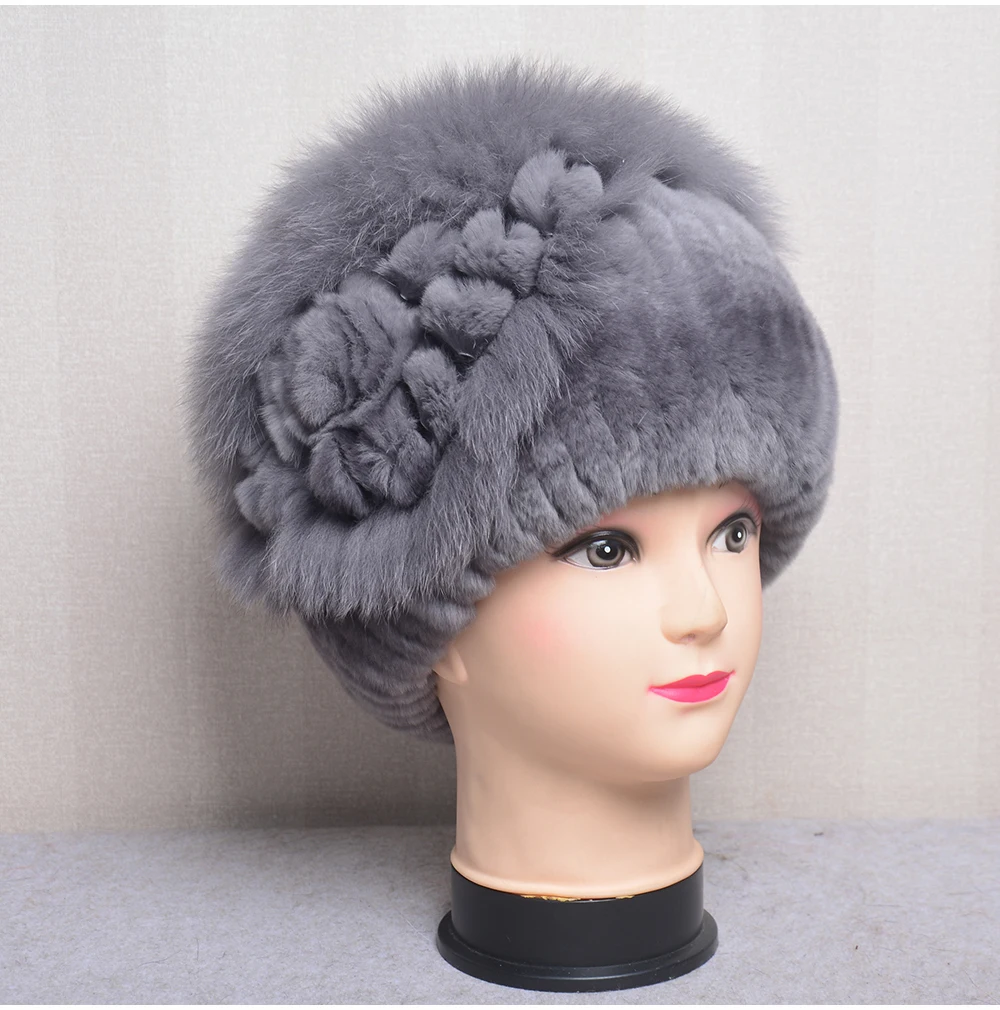 Winter Natural Rex Rabbit Fox Fur Cap 