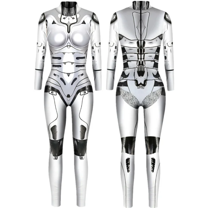 Halloween Robot Jumpsuit Women Steampunk Cosplay Costumes Carnival Party Long Sleeve Bodysuit