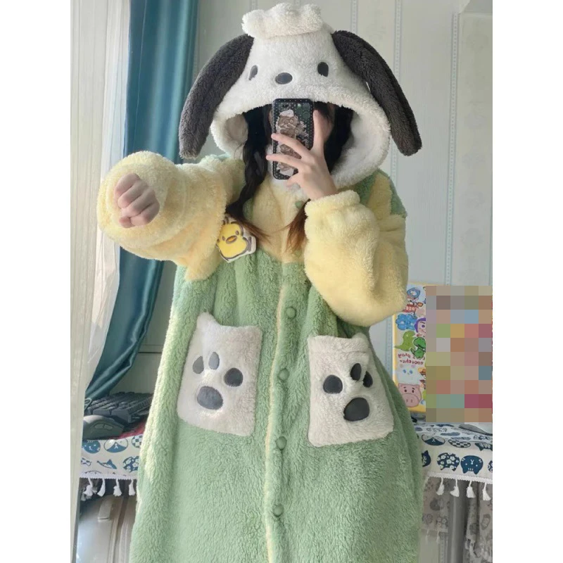 Winter Nightdress Warm Nightgown Coral Fleece Women Animal Dog Cosplay Pajamas Sleepdress Flannel Long-sleeve Home Wear Nighties
