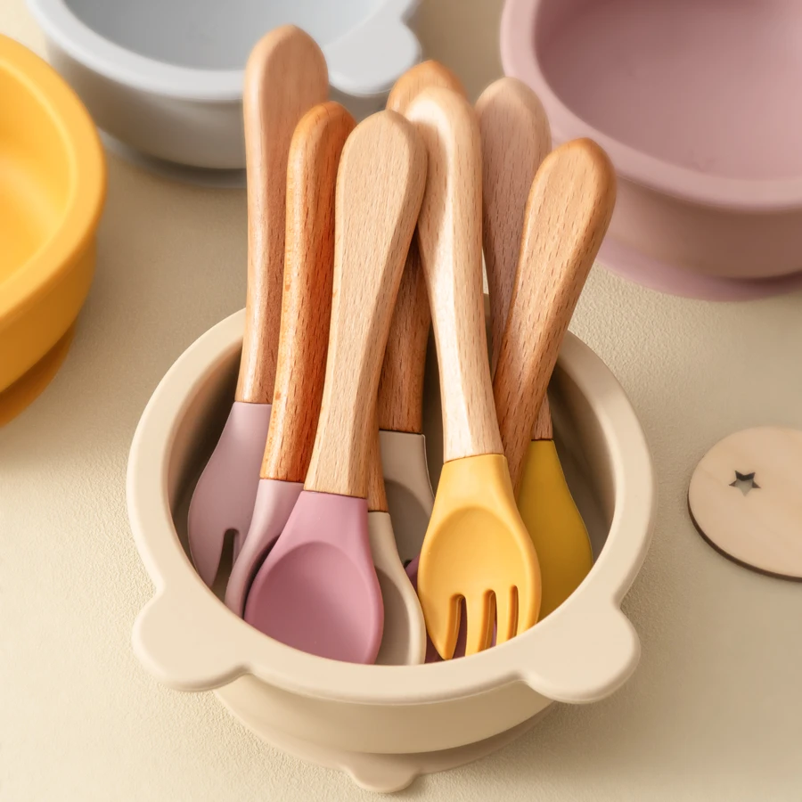 2PCS Baby Learning Spoons Utensils Set Food Grade Wooden Handle Silicone Spoon Fork Cutlery Training Spoon Feeding Tableware Baby & Maternity