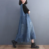 plus Size Women's Denim Dr Loose Fit Summer Faion High Waist A-Line Skirt ort Sve V-Ne Waed out Jeans Dr - Image 3