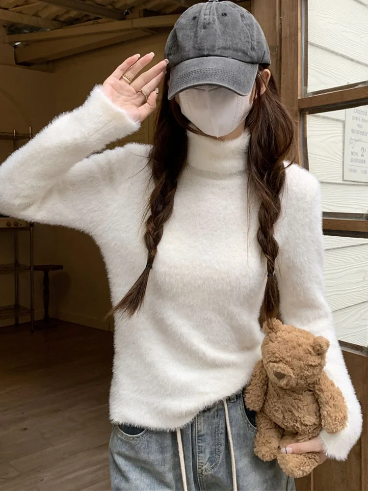 

Женский свитер, Пушистые вязаные пуловеры, Женская осенне-зимняя модная водолазка, Женские повседневные Базовые Трикотажные топы с длинным рукавом