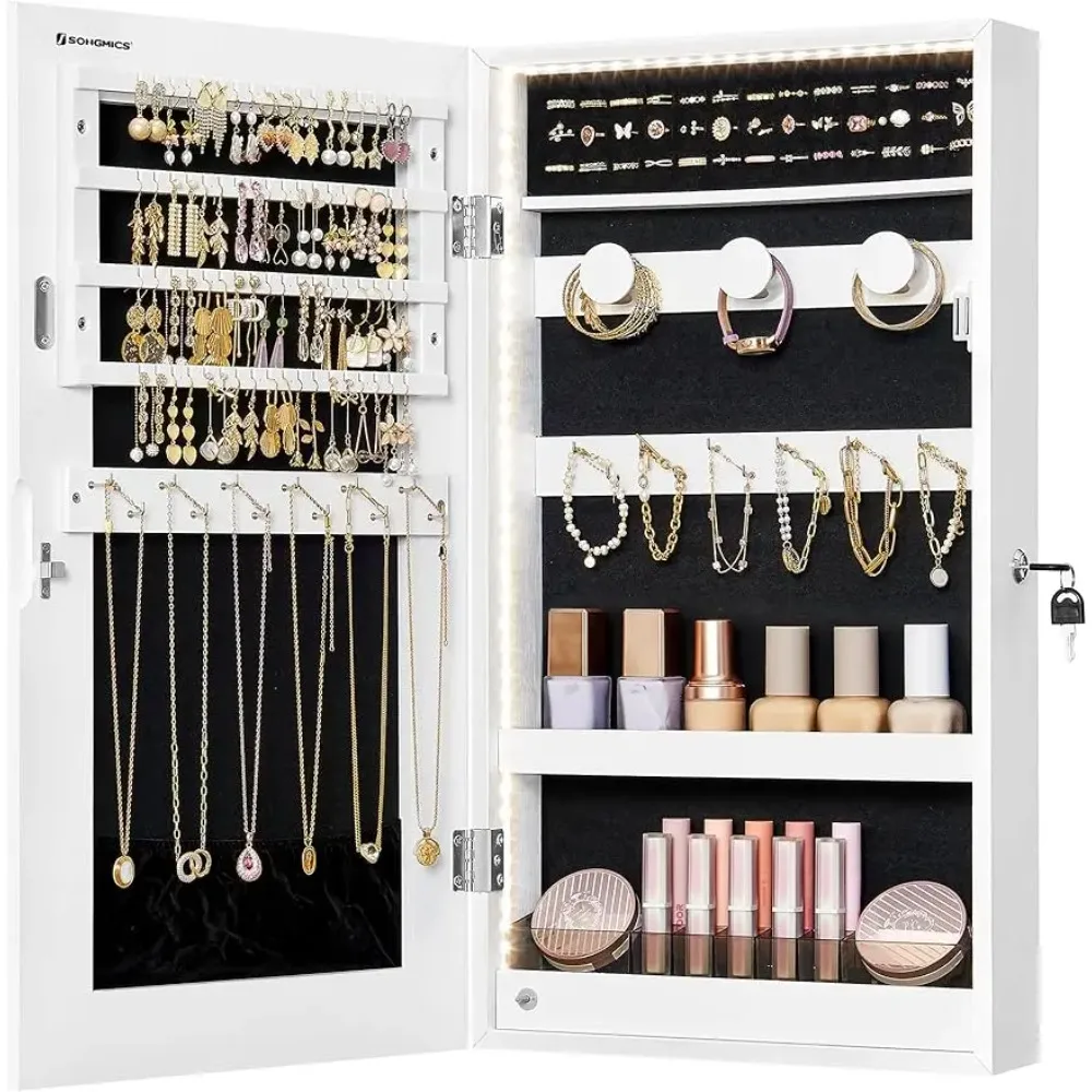 

SONGMICS Mirror Jewelry Cabinet Armoire with Built-in LED Lights, Wall or Door Mounted Jewelry Storage 3.8 x 14.6 x 26.4