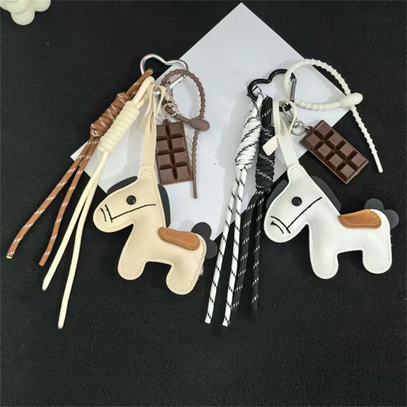 Cute Leather Pony Keychain Ornament Charm Braided Nylon Rope Backpack Pendant For Bag Keychain Accessories Decoration