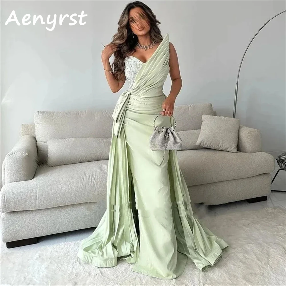 

Aenyrst V Neck Pleated Satin Prom Dresses Mermaid Crystal Side Split Evening Gowns Floor Length Party Dress Long فساتين السهرة
