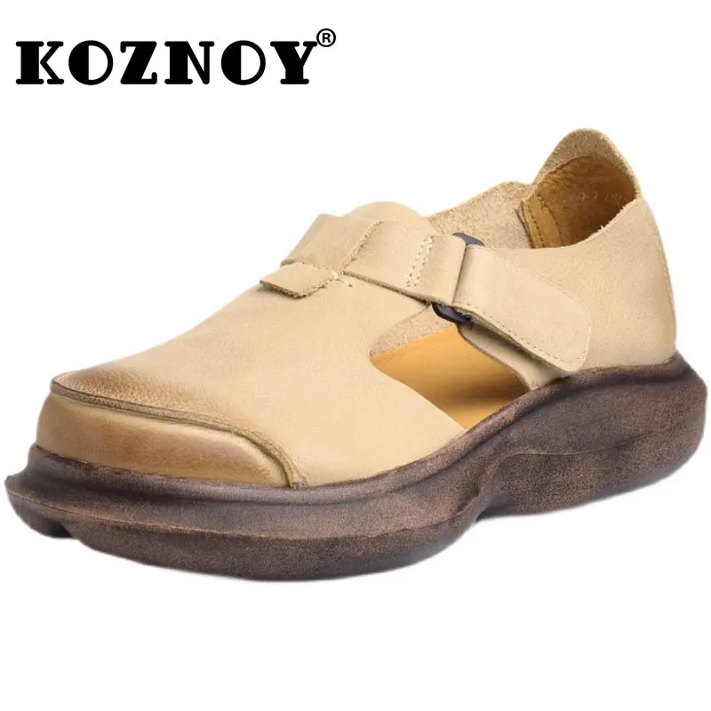 

Koznoy 3cm Natural Genuine Leather Summer Women Sandals Spring Females Hook Wedge Sneakers Platform Flats Wedges MoccasinsShoes