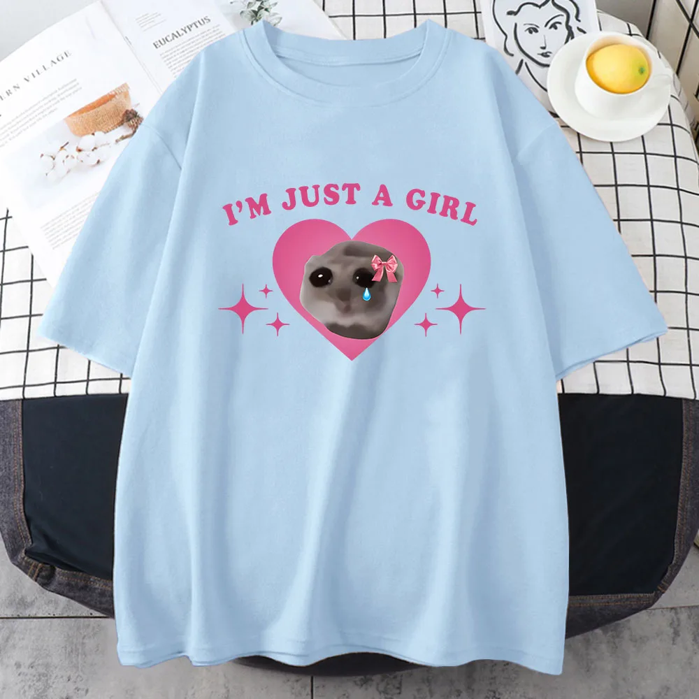 Sad Hamster Tshirt I'm Just A Girl Cartoon Printing Tee-shirt Casual Short Sleeve Summer Tshirts Cotton High Quality Girls Tees 4